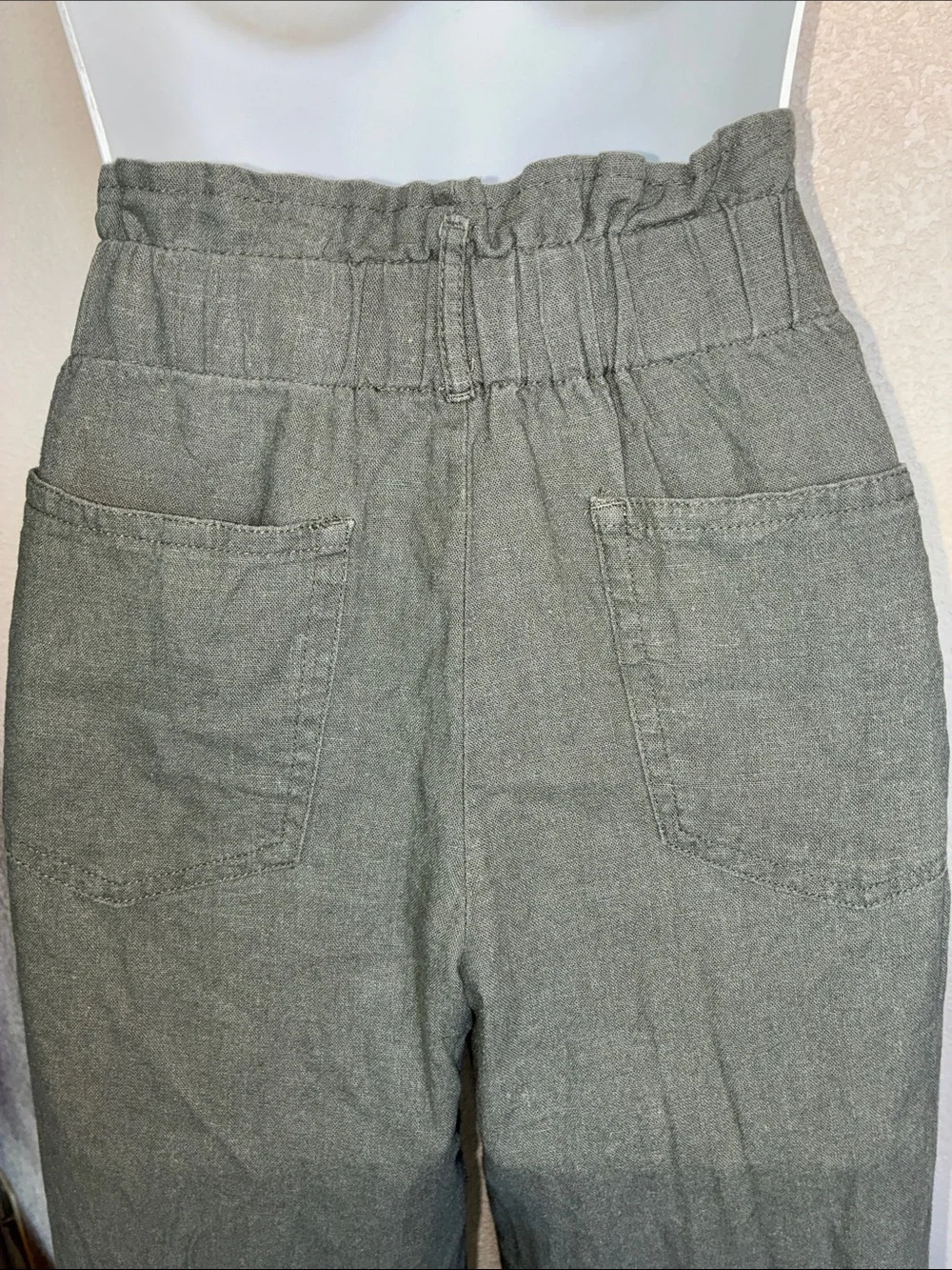 Rewind wide leg Pants, women's L, olive Linen-Blend elastic paperbag waist. EUC